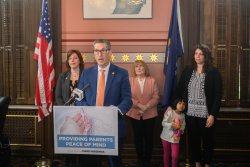 A photo of Sen. Mark Huizenga outlining new legislation to provide free blood testing for children in areas impacted by PFAS contamination.